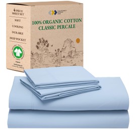 California Design Den Soft 100% Organic Cotton Queen Sheet Set - Crisp and Cool Percale, Deep Pocket Organic Cotton Sheets with Anti-Skid Elastic, Breathable and Durable Bedding Set - Light Blue