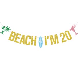 Gold Glitter Beach I'M 20 Banner, Beach Surfing Surfboard Cheers to 20 Years Decor, Summer Hawaiian Luau Tropical Themed 20th Birthday Party Decorations Supplies