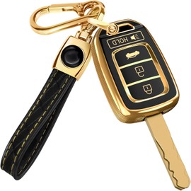 Lucrum for Honda Civic Key Fob Cover and Leather Keychain - TPU Key Case for Honda Accord, CR-V SE, CRV LX, HR-V - 2014-2022 Keyfob Cover Compatible with MLBHLIK6-1T - Black and Gold