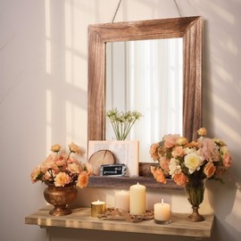 QDSSDECO 16"×20" Wall Mirror with Shelf Farmhouse Decor Rectangular Mirror Hanging for Bathroom, Vanity, Bedroom, Entryway, Living Room,Brown with Hemp Rope