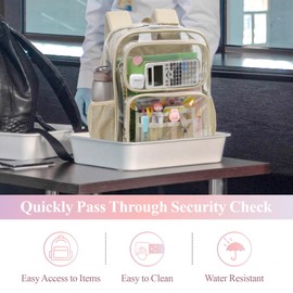 PACKISM Clear Backpack for School - 17 inch Heavy Duty Bookbag with 2 Front Pockets for Students, Transparent PVC See Through Backpacks with Premium Leather Trim, Khaki (Age 12+)