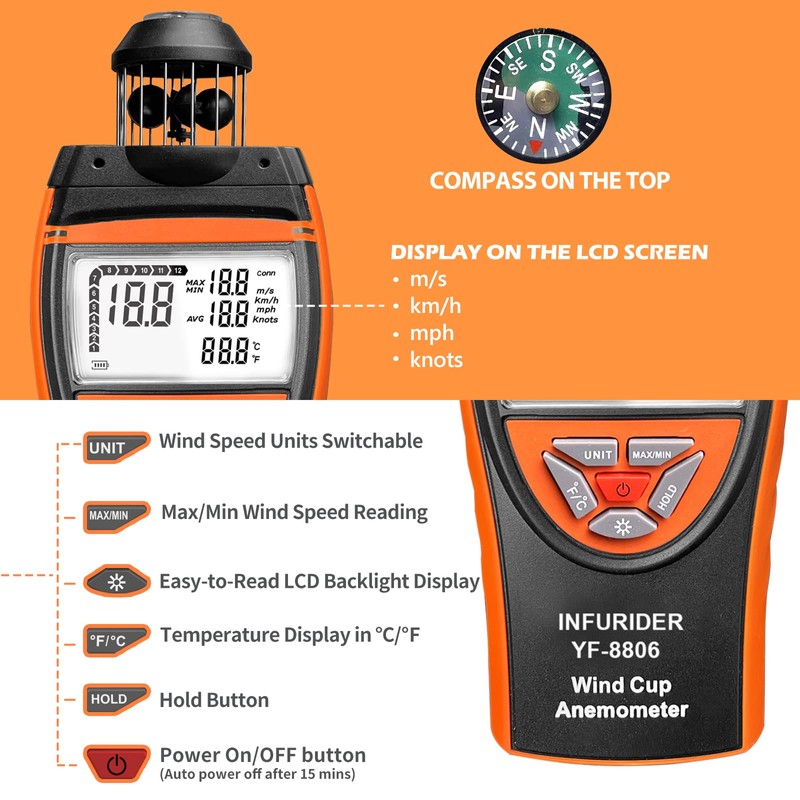 Handheld Wind Cup Anemometer,INFURIDER YF-8806 Digital Wind Speed Gauge Meter