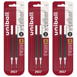 Uniball Signo 207 Gel Pen Refills, 0.5mm Micro Point, Black Ink, 6 Refills