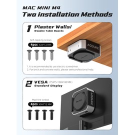 AODUKE Aluminium Alloy Mac Mini M4 Under Table Bracket, 2024 Mac Mini M4 Pro Wall Mount Stand, Hanging Rack Compatible with VESA Hole Monitor Mount or Plaster Wall, Dock Accessories-AJM4-B