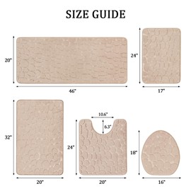 YIHOUSE Bathroom Rugs Sets 5 Piece, Cobblestone Memory Foam Bathroom Mats Set Extra Thick, Non Slip Bath Mats for Bathroom, Water Absorbent, Washable Khaki Bath Rugs for Tub, Toilet and Floor