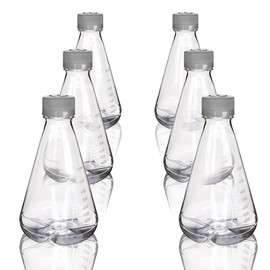 Eisco - Pack of 6, 1L Sterile PETG Erlenmeyer Flasks, Vented, Baffled Bottom, Gamma Sterilized, USP Class VI, Lab-Grade, Cell Culture, Mixing, Shaker Compatible