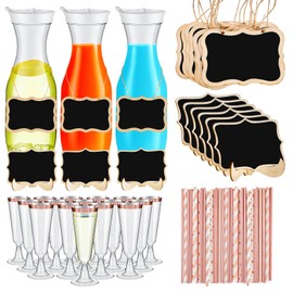 Mumufy 73 Pcs Mimosa Bar Supplies 50 oz Plastic Water Carafe with Lids Juice Plastic Champagne Flutes Plastic Mimosa Glasses with Wooden Chalkboard Tags Stickers Straws for Milk Wine (Rose Gold)