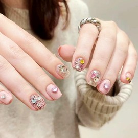 Domiya Nail Tip, 3D Nails, 24 Pieces, Very Short Popular, Nail Stickers, Cute, False Nails, Short, Round Tip, Fashion Nail (Camellia in Caramel)