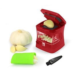 Prensa de ajo, trituradora, cortadora, picadora y contenedor de almacenamiento, incluye peladora de ajo de silicona, fácil de limpiar, cuchillas de acero inoxidable, (rojo),