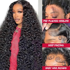 13x6 Deep Wave Lace Front Wigs Human Hair Deep Wave Wig 200 Density HD Transparent Lace Front Wig Deep Curly Human Hair Wig Glueless Lace Frontal Wigs for Women Pre Plucked 20 inch Natural Black