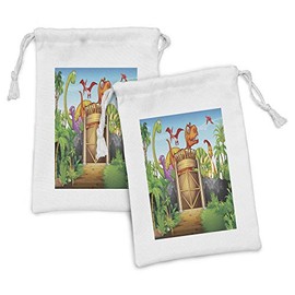 Ambesonne Zoo Fabric Pouch Set of 2, Dinosaurs Living in Park Cartoon Prehistoric Wildlife Forest Trees Door Illustration, Small Drawstring Bag for Toiletries Masks and Favors, 9" x 6", Multicolor