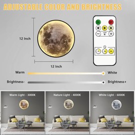 GMINCO Dimmable Moon Wall Lamp, Rechargeable Battery Operated Wall Sconce Moon Lights with Remote, 3 Color Indoor Wall Mounted Lighting Ceiling Light for Living Room Bedroom Hallway Christmas Gift