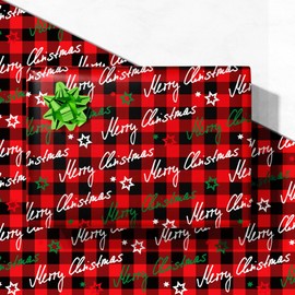 GIOLNIAY Merry Christmas Wrapping Paper for Kids Adults - Holiday Gift Wrap in Red & Black Buffalo Plaid with Handwritten Script and Stars - 4 Jumbo Sheets, 28″×40″ Each, Easy to Store