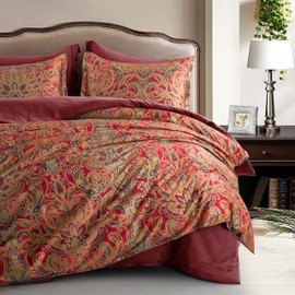 Classical Paisley Duvet Cover 2pc Set Bohemian Bedding Boteh Damask Medallion 400TC Egyptian Cotton Sateen Luxury European Traditional Style Bed Linen (Red Gold, Twin)