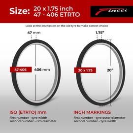Fincci Bicycle Tyres 20 Inch - BMX Tyres 20 x 1.75 Inch Bicycle Cover 20 for BMX Children's Bicycle, MTB Bike, Touring Bike 47-406, Pack Bicycle Tyres Complete