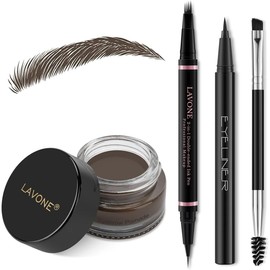 LAVONE Kit de Maquillaje Lápiz de Cejas, Con Lápiz Microblading de Cejas Impermeable 2 En 1, Pomada de Cejas, Delineador de Ojos y Brocha de Cejas de Doble Punta, Kit de Lápiz de Cejas para Cejas Natu