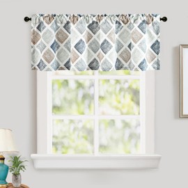 Leeva Rod Pocket Valances for Windows, Modern Geometric Printed Patterned Kitchen Curtains, Linen Textured Decorative Valances for Living Room Bedroom, 60 x 18 in, Brown & Blue