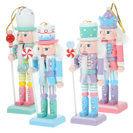 Toyvian Christmas Candy Nutcracker Ornaments, 4pcs Pink Candy Cane Wooden Pastel Nutcracker Soldier Figures
