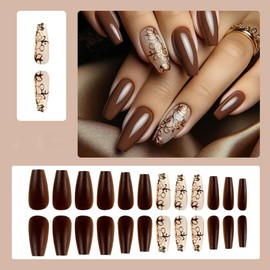24 Pcs Brown Press on Nails Medium Coffin- ZIFANHU Spring Fake Nails Press ons 3D Relief Lace Design Glossy False Nails Full Cover Acrylic Nail Art Kit Glue on Nail for Women Girls Supplies