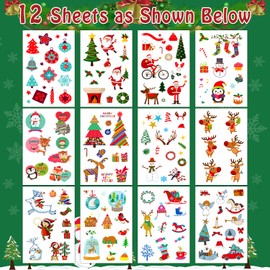 Partywind 150 Styles Christmas Kids Tattoos for Stocking Stuffers, Cute Christmas Party Supplies Favors Decorations for Boys and Girls, Holiday Gifts Pinata Games (12 Sheets)