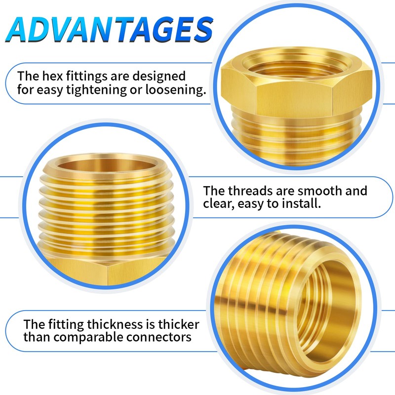 ChillWaves Brass Pipe Fitting, Reducer Hex Bushing 1/2" NPT Male