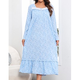 IZZY + TOBY Nightgowns For Women,Cotton Nightgown,Long sleeve Ladies Sleepwear,Gown For Women Blue Flower XL