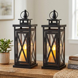 TRIROCKS Set of 2 Deacorative Candle Lantern 11'' High Metal Candle Holder Hanging Lanterns with Tempered Glass Perfect for Indoor Outdoor Home Decor Parties Garden Events Wedding (Black)