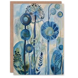 Artery8 Greeting Card Abstract Blue Wildflowers Watercolour Floral Blank For Him Or Her Art Birthday Card