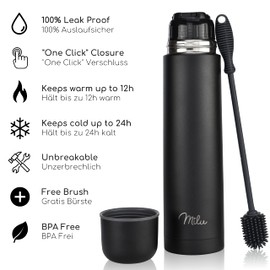 Milu Thermal Flask, 1 L, 750 ml, 500 ml, Insulated Stainless Steel Drinking Bottle, 100% Leak-Proof, Double Wall Insulation (Black, 500 ml)