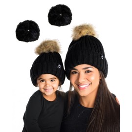 Funky Junque Matching Adult/Toddler Bundle - Detachable Pom Beanie - Black (2 Pack)