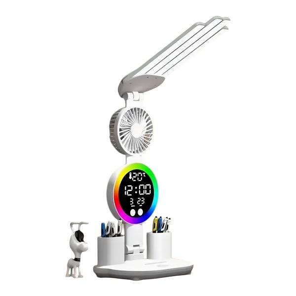 LED Desk Lamp with Fan, RGB Display Clock, 3-Speed Touch