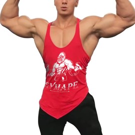 Men's Y-Back Bodybuilding Workout Stringer Tank Tops Muscle Sleeveless T Shirts with Incline Hem Color Red Size XL