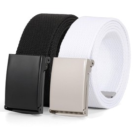 WHIPPY Canvas Web Belt Flip-Top Solid Black Military Buckle Fully Adjustable Mens Webbing Belts Cut To Fit Black White M