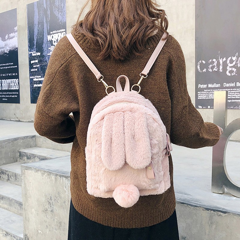 Women Bunny Backpack Plush Mini Fluffy Rabbit Ear Backpack Fuzzy
