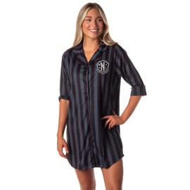 INTIMO Wednesday Addams Family Women's Nevermore Academy Uniform Costume Collared Pajama Nightgown Sleep Shirt (Medium) Black