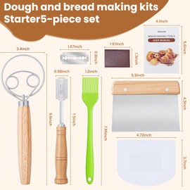 Danish Dough Whisk with Sourdough Scoring Tool, Bread Making Tools and Baking Supplies - Dough Hook Dutch Whisk, Bread Lame, Bench Scraper & Pastry Brush