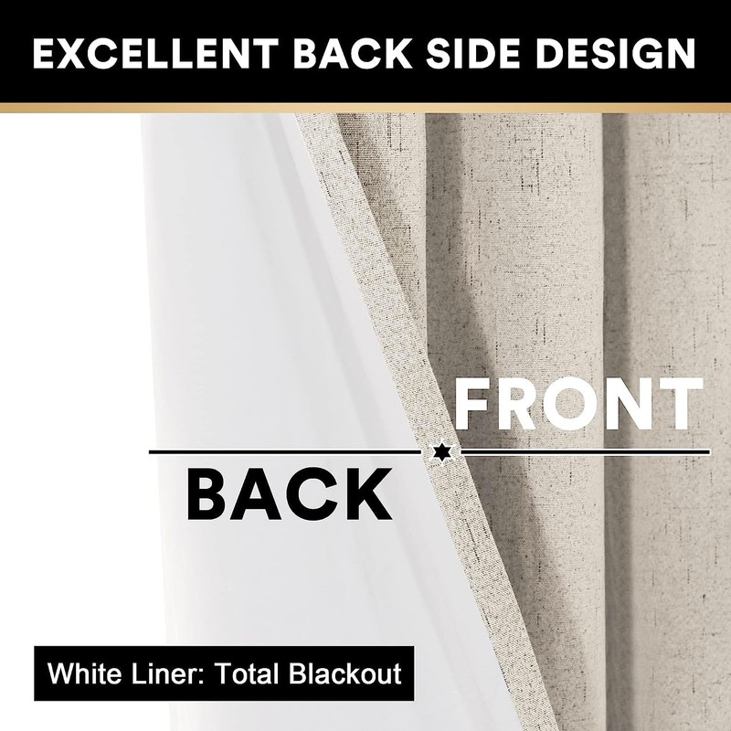 PrinceDeco Natural Linen Curtains 100% Blackout Linen Curtains for Bedroom