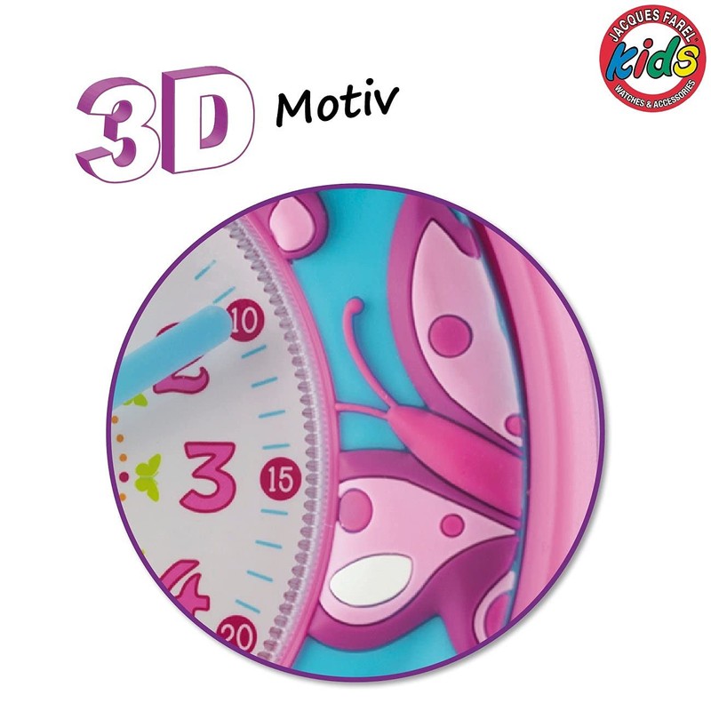 JACQUES FAREL Kinderwecker Lernwecker Mädchen 3D Schmetterlinge und Blumen Pink