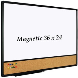 JILoffice White Board & Bulletin Corkboard Combination, Combo Board 36 x 24 Magnetic Whiteboard, Black Aluminum Frame Wall Mounted Board for Office Home and School with 10 Push Pins