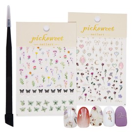 picksweet Flower Nail Stickers for Nail Art Decals Charms,5D Embossed Floral Butterfly and Heart Gem, Self-Adhesive 5 Styles Craft Nail Supplies 2 Sheets with Tweezers Kit for Women Decoration