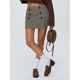 EXLURA Womens Tweed Plaid Bodycon Mini Skirts High Elastic Wasit Short Skirt 2024 Trendy Fall Winter Fashion Clothes Khaki