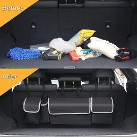 OPQEDGJFN Car Trunk Organizer Bag, Backseat Storage with 4 Pockets, 3 Straps, Foldable