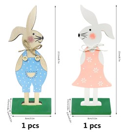 Leeelyan Set of 2 Easter Decoration Wooden Rabbit, Wooden Figure Easter Bunny Decoration, Easter Bunny Figures, Easter Bunny for Standing, Decorative Stand for Easter, Easter Bunny Easter Decoration