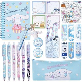 Bonito juego de papelería Kawaii para regreso a clases que incluye cuaderno, lápiz, bolígrafo, porta credenciales, stickers, llavero, marcador (azul)