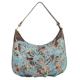 Anuschka Women's Original Hand-Painted Genuine Leather Ruched Hobo - Tooled Dragonfly Meadow Brown w/Turquoise