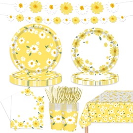 122PCS Boho Daisy Party Supplies for Girls Boys Kids Baby Shower 1st 2rd Birthday Spring Groovy Wedding Bridal Shower Party Decorations Plates Napkin Cups Tablecloth Banner Tableware Set for 20 Guests