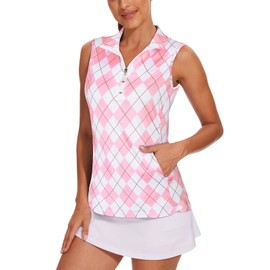 Tanst Sky Sleeveless Golf Shirts for Women, Loose Fit V Neck Tank Tops Quick Dry Moisture Wicking Workout Athletic Polo Tshirt UV Protection Gym Yoga Tennis Top with Pockets Pink Plaid XL