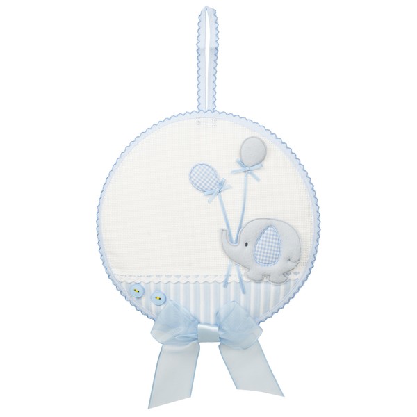 FILET - Cotton Birth Bow with Embroidered Elephant with Balloons, with Aida to Embroider, Ideal for Hanging to Announce the Birth of a Baby, Made in Italy, Colour: Blue