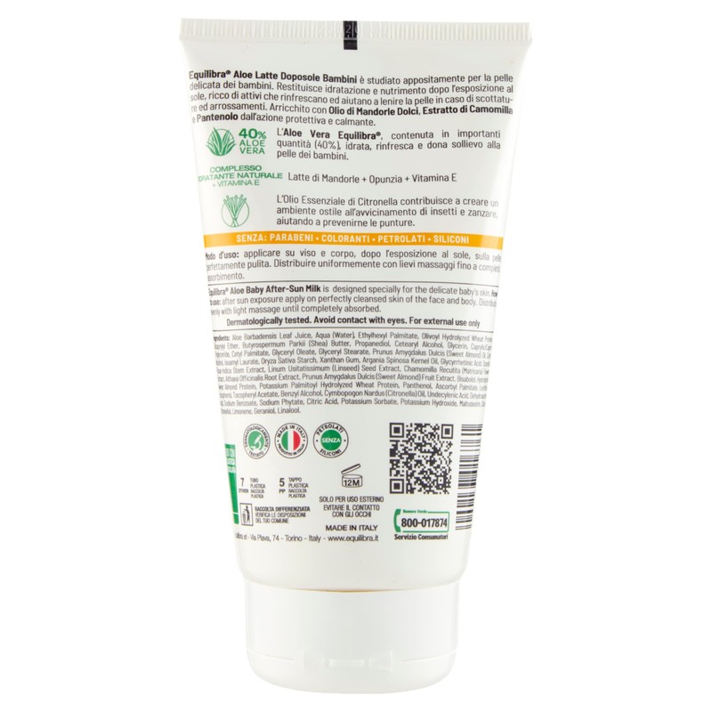 equilibra Solari, Aloe Latte Doposole Bambini, a Base di Olio