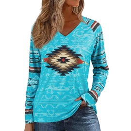 Womens Long Sleeve Tshirt Cowgirl Aztec Print Western Tops Ladies Graphic Tee Shirts Casual V Neck Loose Fit Blouse